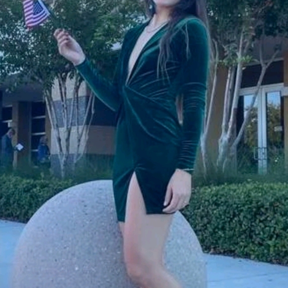 Petite Dark GreenTwist Front Wrap Velvet Dress - Picture 5 of 5